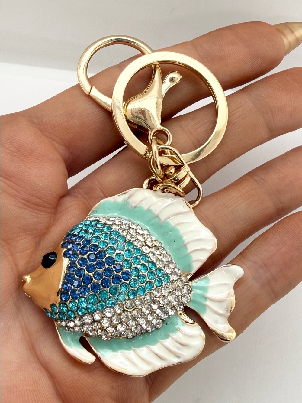 3 Crystal Rhinestone Enamel Fish Starfish Dolphin Keychain Bag Charm Gold Tone - Picture 6 of 7
